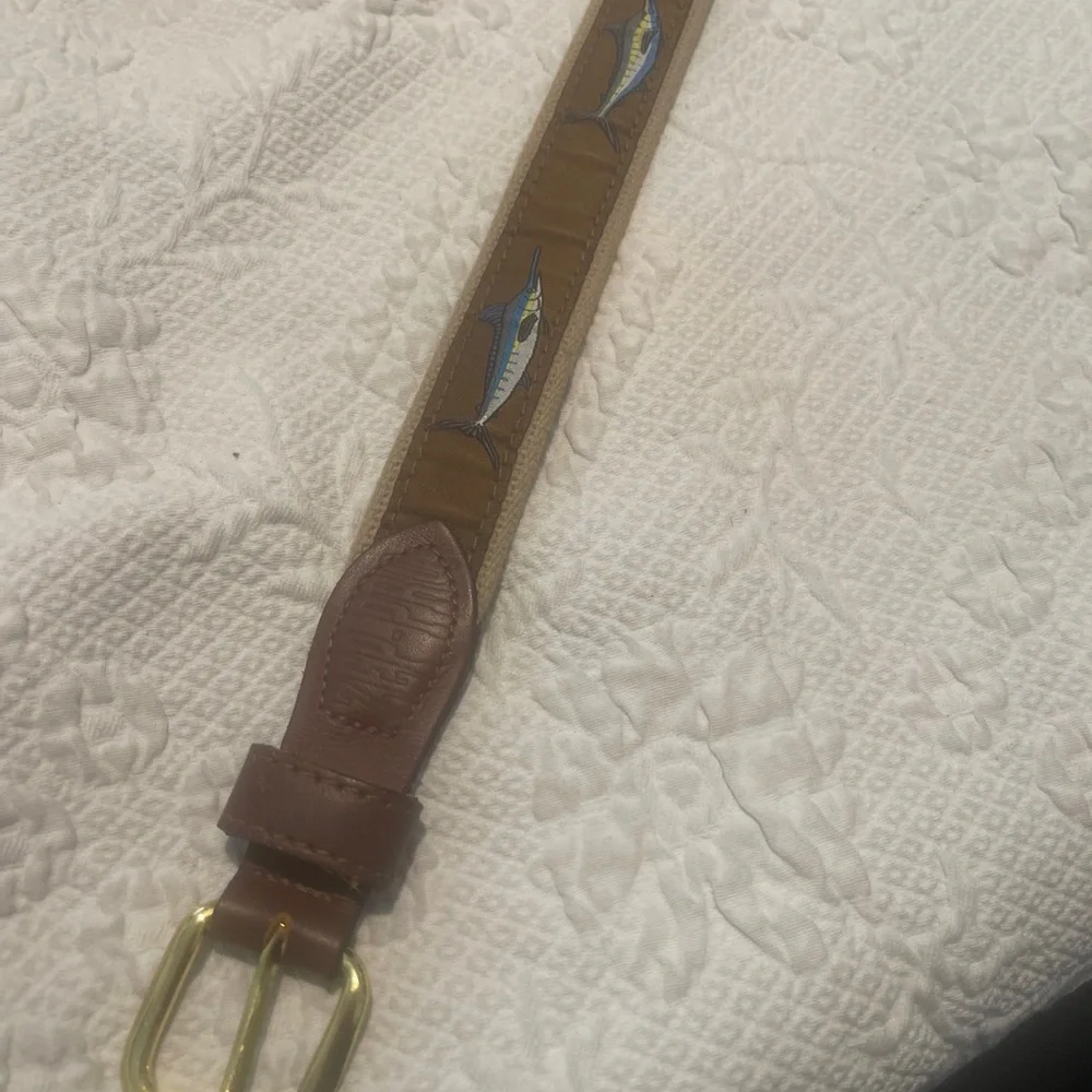 Fish Design Leather-Trim Kids Belt - Brown tan Blue Sz 26 Measure 31 W/O Buckle